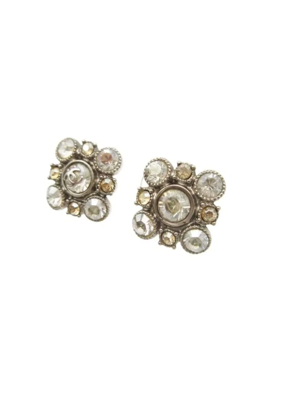 Chanel Earrings CC Logo Bijou Rhinestone Both Ears Silver